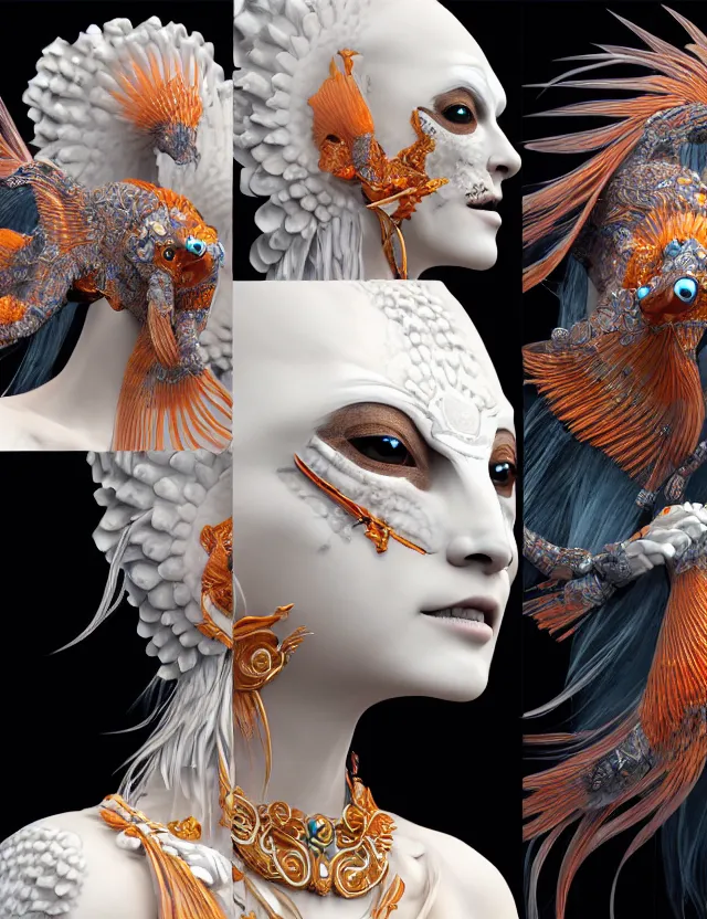 Image similar to 3 d goddess close - up profile portrait biomechanics with ram skull. beautiful intricately detailed japanese crow kitsune mask and clasical japanese kimono. betta fish, jellyfish phoenix, bio luminescent, plasma, ice, water, wind, creature, artwork by tooth wu and wlop and beeple and greg rutkowski