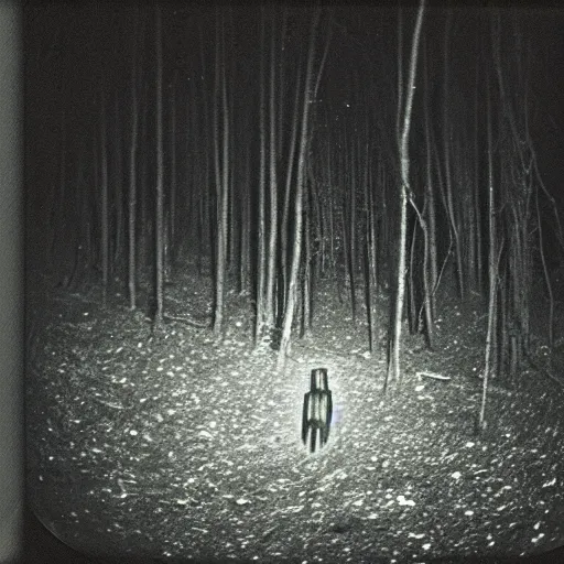 Prompt: photo of a grey alien at night in a forest, 8mm film