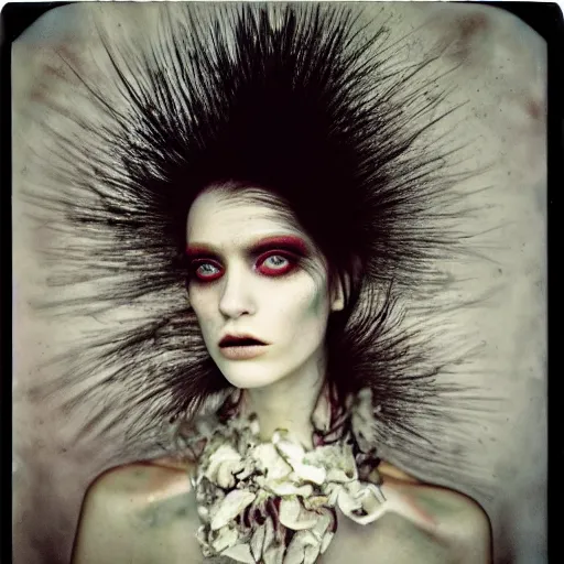 Prompt: kodak portra 4 0 0, wetplate, photo of a surreal artsy dream scene,, weird fashion, in the nature, highly detailed face, very beautiful model, portrait, expressive eyes, extravagant dress, photographed by paolo roversi style and julia hetta