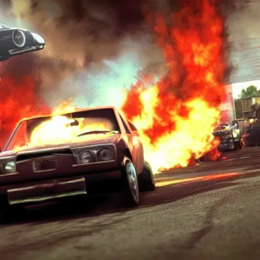 Image similar to an old car jumping over a fire, in game screenshot from need for speed ( 1 9 9 6 )