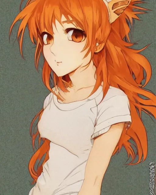 Prompt: A cute frontal portrait of a beautiful anime skinny foxgirl with curly orange colored hair and fox ears on top of her head wearing a white short t-shirt with quake 3 symbolic looking at the viewer, elegant, delicate, soft lines, higly detailed, smooth , pixiv art, ArtStation, artgem, art by alphonse mucha charles reid and Gil Elvgren, high quality, digital illustration, concept art
