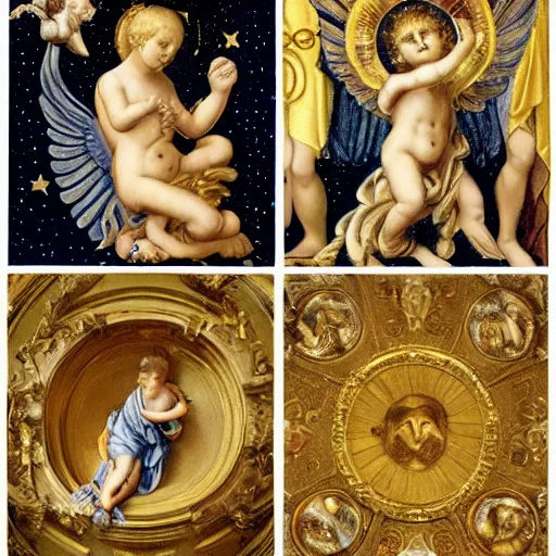 Prompt: Saint Womans, Putti, Venus, Athena, lighting, Sistina, baroque, renaissance, marble, stars, golden, space, sun, wings, tarot