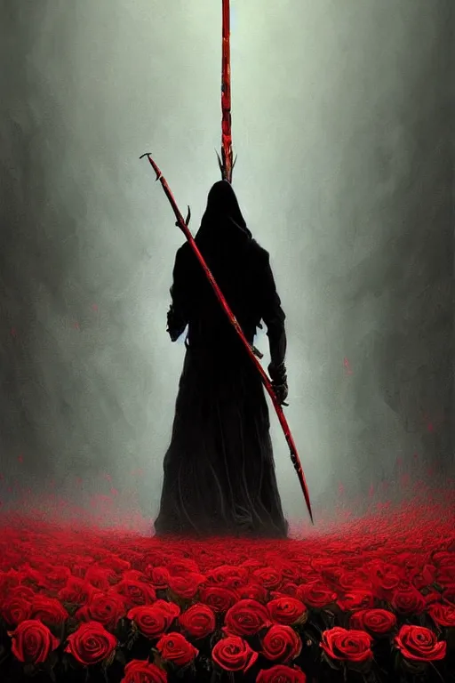 Image similar to poster style, a beautiful and terrifying painting with high details of a panoramic view of a reaper holding a long sickle, with red fluid white roses in the foreground, movie atmosphere, movie lights, 8 k, light effect, rtx on, trending on artstation, by kilian eng, lee madgwick, bastien lecouffe - deharme