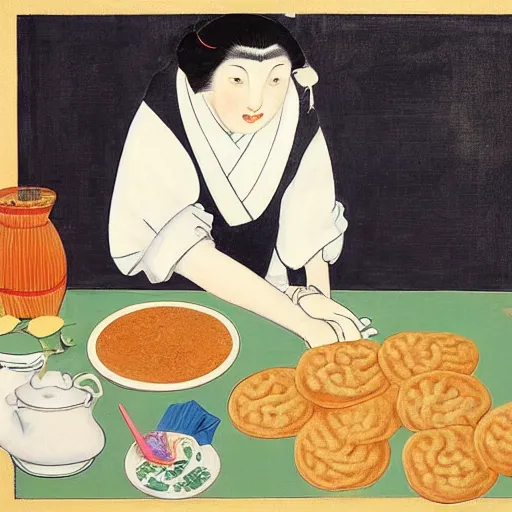 Image similar to a highly detailed painting of a cat chef baking cookies in the style of matisse, caravaggio, ukiyo - e