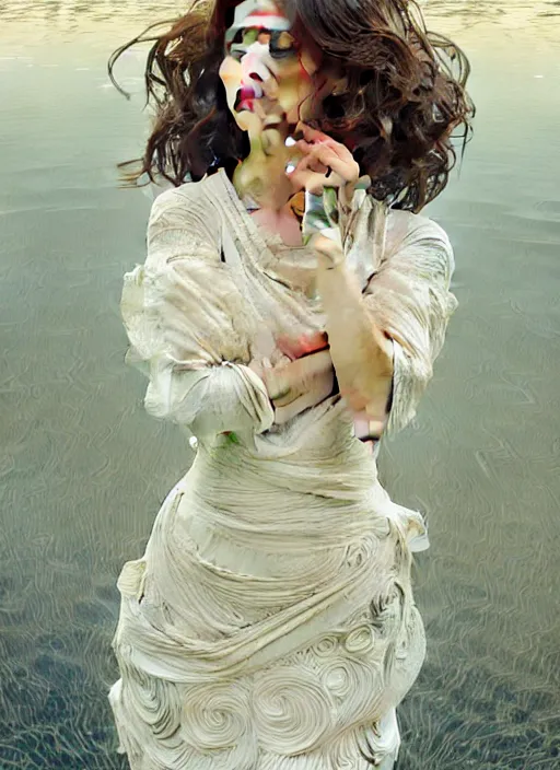 Image similar to full body painting of a woman posing, short wavy hair, round face, intricate white dress, cottagecore!!, inside water, intricate, enlightened, highly detailed, digital painting, artstation, concept art, smooth, sharp focus, illustration, art by artgerm and greg rutkowski and alphonse mucha