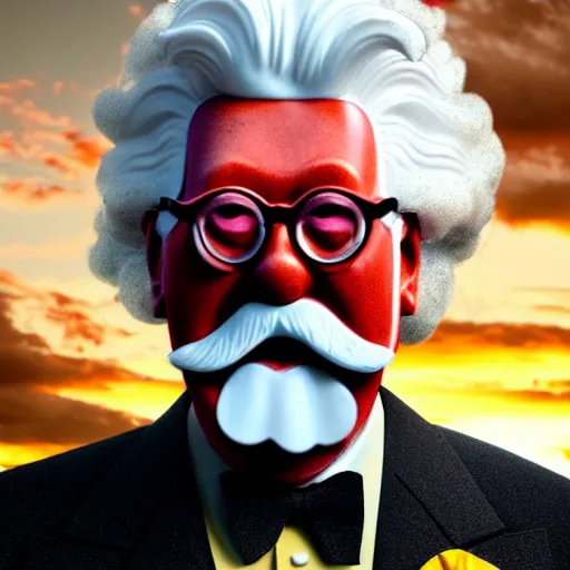 Image similar to Ronald McDonald and Colonel Sanders morphed into one person, hybrid, natural volumetric lighting, sunset, rusted steel, stunning skies, scattered rubbish and debris, 8k, photorealistic, hyper detailed, unreal engine 5, IMAX quality, cinematic quality, beautifully illustrated, sharp focus, minimal artifacts, from DOOM, by Greg Rutkowski, trending on Artstation, award winning