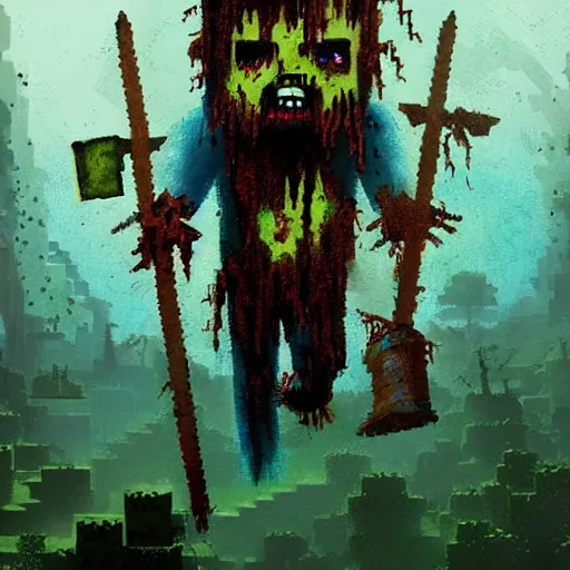 Image similar to painting by greg rutkowski of a minecraft drowned zombie with glowing cyan eyes, wearing ragged clothing and and algae growing on it, holding a trident, underwater