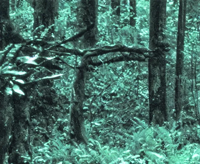 Prompt: a still frame from vhs footage of a creature in a forest, grainy, creature in view, scary, color