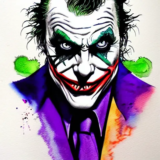 Prompt: the joker watercolor drawing, in the style of greg rutowski, hyper detailed