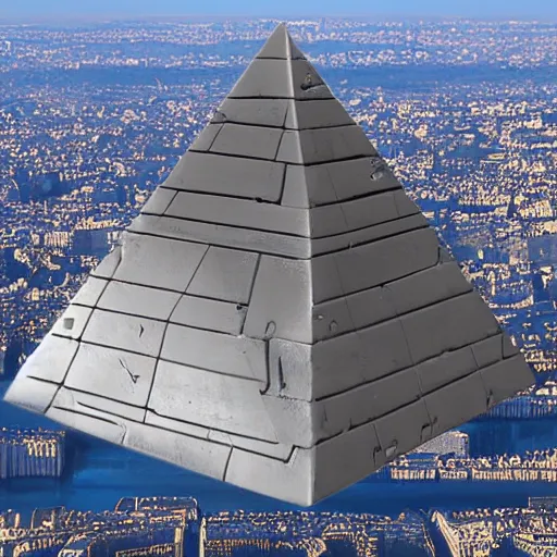 Image similar to pyramid shaped alien spaceship with flying rocket base over Paris France, photorealistic, 8k, detailed