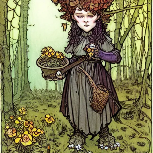 Image similar to A cute little frankestein collecting flowers in the forest. Absurdly-detailed fantasy character illustration by Rebecca Guay and Wayne Reynolds