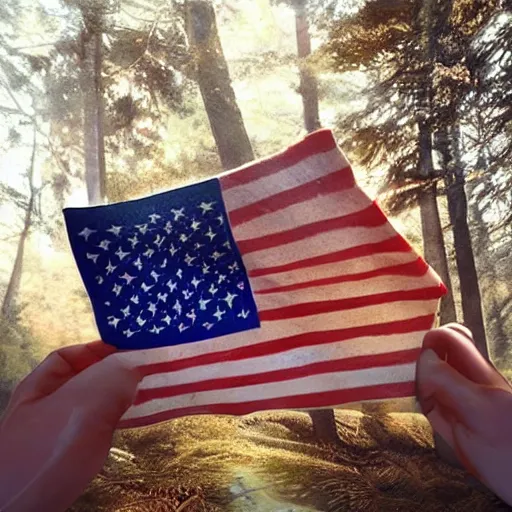 Image similar to child's hand holding a very tiny american flag in the forest, digital art by ruan jia and mandy jurgens and artgerm, highly detailed, trending on artstation, award winning