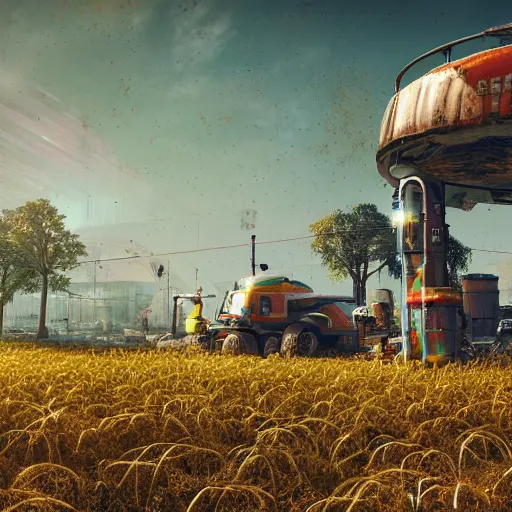 Prompt: fully detailed landscape of a cyberpunk farm , watertank, futuristic tractors, farmhouse, mushroom, overgrowth, Ai , in the future, high quality, 8k , octane render, trending on artstation , greg rutowski