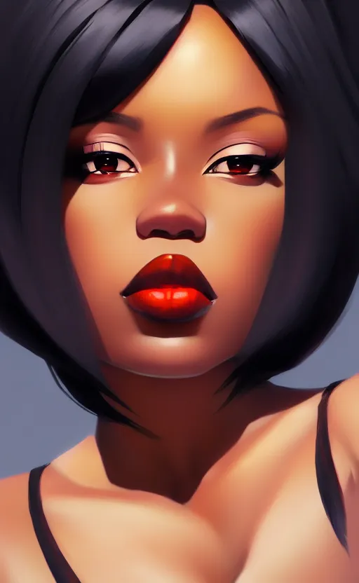 Image similar to a Black femme fatale woman, Anime. realistic shaded lighting by Ilya Kuvshinov Giuseppe Dangelico Pino and Michael Garmash and Rob Rey, 8K