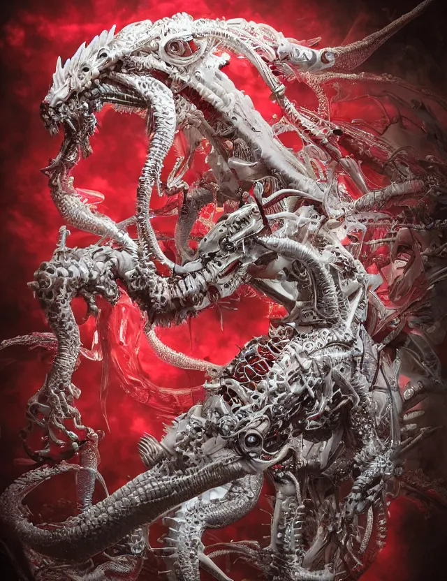 Image similar to legendary white dragon, red biomechanical details, wearing epic bionic cyborg implants, inflateble shapes, wires, tubes, red veins, jellyfish, masterpiece, intricate, biopunk, highly detailed, artstation, concept art, cottage core, cinematic focus, polaroid photo, bleached, vintage, high - key lighting, soft lights, foggy, by tarkovsky, 8 k