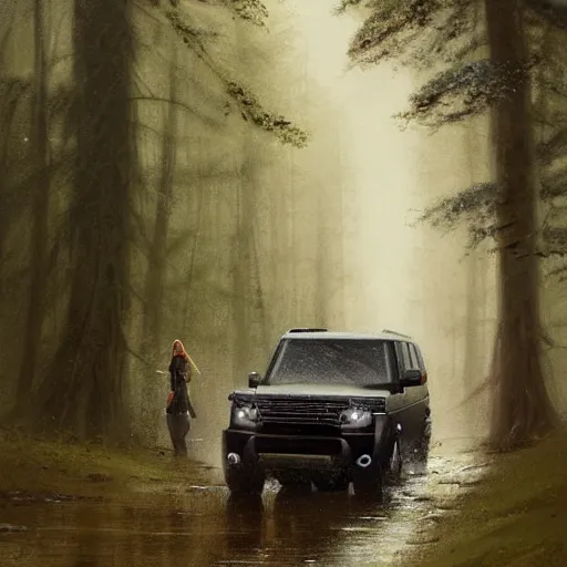 Image similar to a landrover crossing a forest path while its raining, digital art, artstation, photgraphy, highly detailed, digital painting, artstation, concept art, sharp focus, illustration, art by greg rutkowski and artgerm