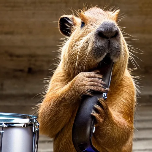 Image similar to high resolution photo of a capybara playing a jazz drum set