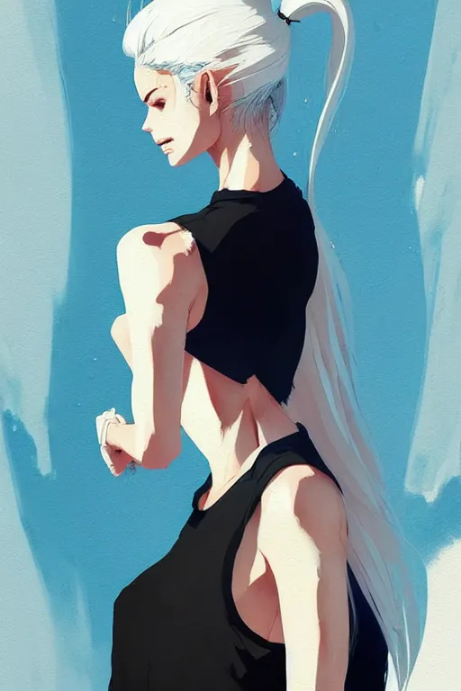 Image similar to a ultradetailed beautiful painting of a stylish woman in with white hair in a ponytail, she is wearing a black tank top, by conrad roset, greg rutkowski and makoto shinkai trending on artstation