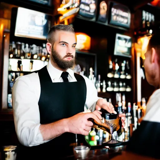 Prompt: attractive bartender with short beard and shaved head, pouring Guinness at an Irish pub, hot girls sitting at bar