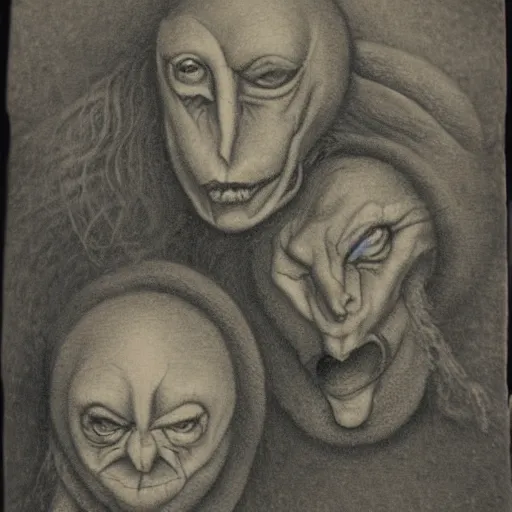 Image similar to portrait mezzotint of a group of mythical monsters and beasts in a squishy style