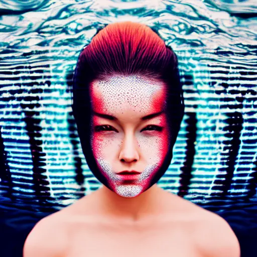 Image similar to beautiful woman in liquid fluid simulation, female upper body, beautiful supermodel, black wave patterns, cinematic light, surreal face portrait, cinestill, film still, body portrait, geisha, optical illusion, art noveau, magic hour, female balaclava, modelling pose, glamour, body acts