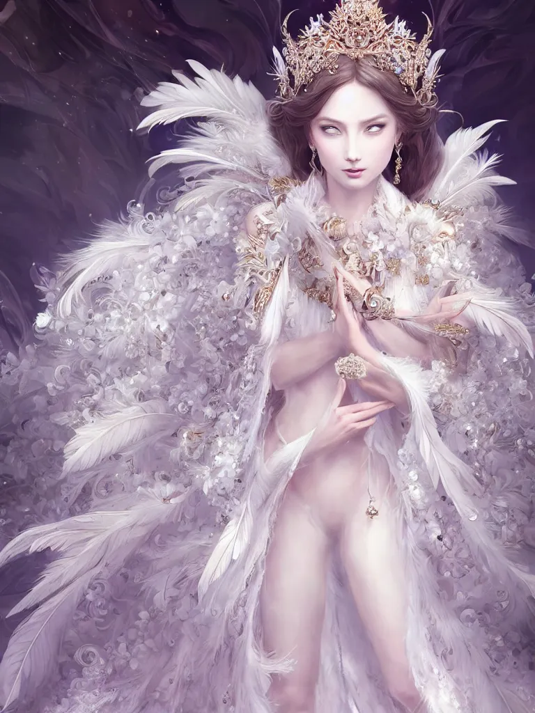 Prompt: ((A beautiful fantasy empress)), highly detailed full body, beautiful eyes, detailed intricate white flower tiara, feathers, ((wearing aristocrat robe)), highly detailed figure, fractal crystal, epic composition, ultra wide-shot, dynamic pose, concept art, beautifully lit, digital painting, smooth, desaturated color theme, character design, sharp focus, elegant, intricate, post processing, artstation, by WLOP, mucha, James Jean, Victo Ngai, ryohei hase