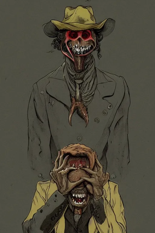 Image similar to the man in the yellow hat in sleepy hollow, full body, big two toned eyes, teeth gritted, horror, intricate details, cinematic, epic, realistic, anatomy, tomer hanuka, uplight, artstation, photorealistic, scary