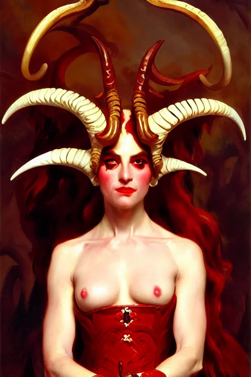 Image similar to painted close - up portrait of a attractive red - skinned intimidating demon girl with ram horns! oil painting, wearing a noblewoman's outfit, fantasy art by john singer sargent and gaston bussiere, and guillermo del toro, demon noble character design, hd