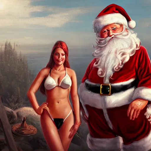 Image similar to santa claus next to his beautiful helper who is wearing a bikini, highly detailed, digital painting, illustration, in the style of greg rutkowski