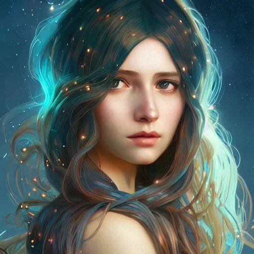 Image similar to girl with super long hair, hair becoming bright stars, intricate, highly detailed, digital painting, artstation, concept art, smooth, sharp focus, illustration, unreal engine 5, 8 k, art by artgerm and greg rutkowski and alphonse mucha