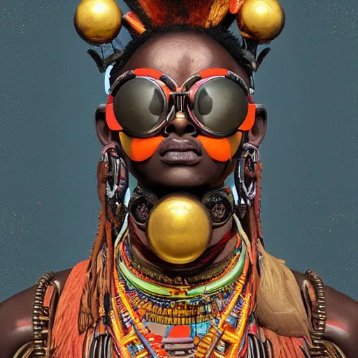 Prompt: colourful vfx upper half - portrait - art of a african tribal chief wearing steam punk goggles, art by utagawa kunisada & james jean, symmetrical, intricate detail, concept art, volumetric light, ray tracing, caricature, digital illustration, octane 3 d render, unreal engine, sharp, 8 k post process, pinterest, behance, art station,