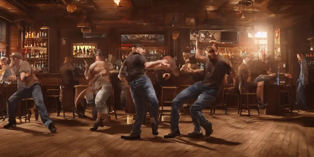 Prompt: a bar fight inside a pub between nerds and dorks, 4k, hyperrealism, photorealistic, crisp details, wide angle lens, octane render, caustics