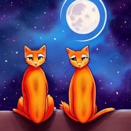 Image similar to Firestar and Ravenpaw sitting next to each other looking into the Moon, Warrior cats, Back side view, Erin Hunter, wholesome, high detail, forest scenery, Moon view, illustration of 2 cats, trending on artstation, beautiful Paintings