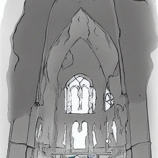 Image similar to ghost of a young girl, a burnt out church, cel shaded, studio ghibli