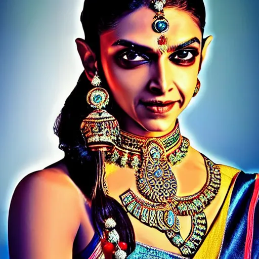 Image similar to extremely beautiful deepika padukone as a blue - skinned indian goddess with six arms, symmetric, aesthetic!!!, cosplay, studio lighting, beautiful symmetric face, clean composition, highly symmetric body parts, gazing eyes, blue skin, blue body paint