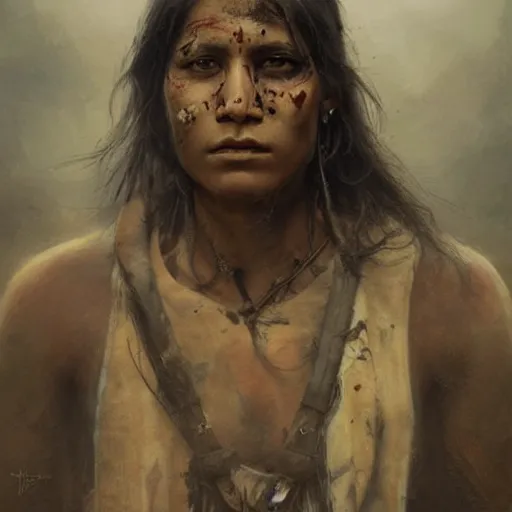 Prompt: a young wounded native american warrior, close up, portrait, sinister atmospheric lighting. highly detailed painting by greg rutkowski, anime style