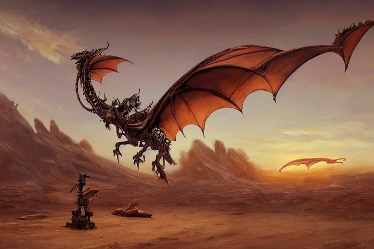 Prompt: a mechanical dragon flapping its wings in desert sunset, beautiful steampunk painting, greg rutkowski, james gurney, thrending on artstation.