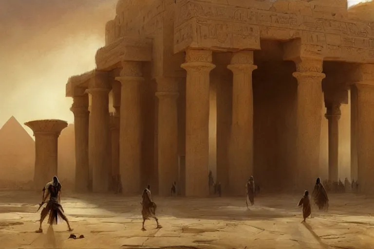 Prompt: a fantasy concept artwork depicting magnificent egyptian temple in the desert and the sandstorm is approaching by anders zorn, craig mullins and greg rutkowski, beautiful cinematic light
