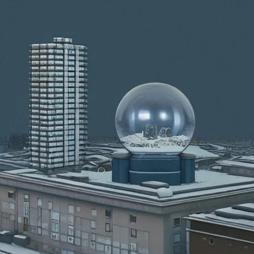 Image similar to a snow globe with a soviet apartment building in it, a computer rendering by leandro erlich, trending on cgsociety, retrofuturism, tesseract, isometric, physically based rendering