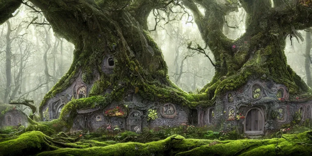 Prompt: a photorealistic cg render of huge old twisted tree with tiny mossy hobbit houses built into it, covered in moss, flowers and mushrooms, hints of peter mohrbacher, georges remi, albert uderzo, super - realistic, insanely intricate and detailed, atmospheric, volumetric lighting, cinematic, 4 k, high definition