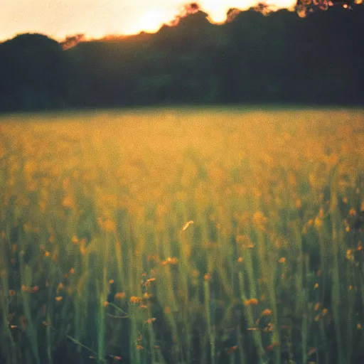 Prompt: “sunset photography, golden hour, fields, summer, cinestill 800t, in the style of William eggleston”