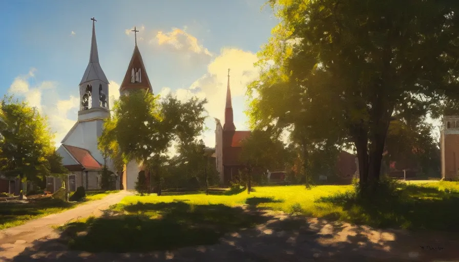 Prompt: oil painting, midwest town, sunny day, sun behind church tower, square, trees, volumetric light, hyperdetailed, artstation, cgsociety, 8 k