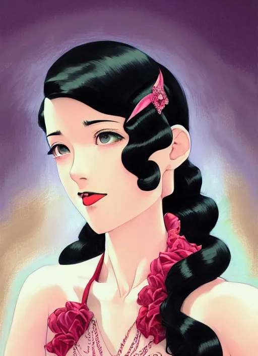 Image similar to a beautiful girl with black hair in 1930's fashion, ballroom background, intricate, highly detailed, digital painting, artstation, official media, anime key visual, concept art, rich vivid colors, ambient lighting, sharp focus, illustration, art by Artgerm, Makoto Shinkai, Ilya Kuvshinov, Lois Van Baarle, and Rossdraws