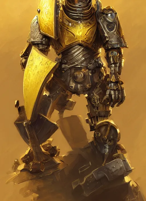 Image similar to dynamic portrait of a intricate mechanical warforged character in yellow armor holding a paladin engraved great longsword and carrying a big shield, epic , trending on ArtStation, cinematic lighting, by Jesper Ejsing