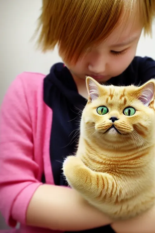 Prompt: a girl is playing with a cute golden shaded british shorthair cat, created by ryo