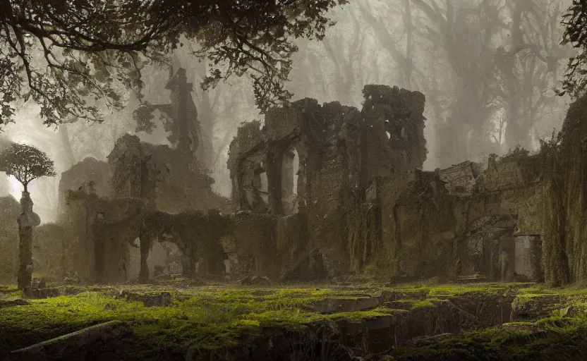 Image similar to painting of ruins of a medieval castle covered by vegetations and moss by greg rutkowski and Craig Mullins, Dark atmospheric sad and cinematic lighting, Trending on artstation