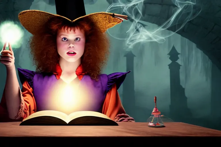 Image similar to close up portrait, dramatic lighting, teen witch calmly pointing a magic wand casting a spell over a large open book on a table with, short hair, cat on the table in front of her, sage smoke, a witch hat cloak, apothecary shelves in the background, still from alice in wonderland and peter pan