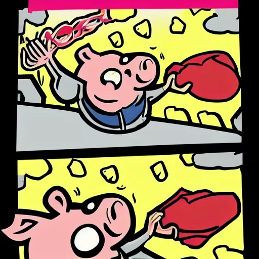 Prompt: drawing pig throwing potato chips in the air comic book art