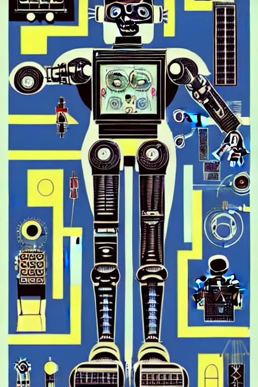 Image similar to a diagram of a robot body with various parts, cyberpunk art by eduardo paolozzi, behance contest winner, computer art, greeble, steampunk, poster art, james turrell, robert rauschenberg, andy warhol, pop art, czechoslovakia, surrealism, milton glaser, graphic design