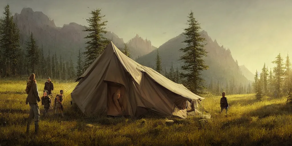 Image similar to cabela's tent fabric shelled pop up family dwelling unit, cabin, modular, person in foreground, mountainous forested wilderness open fields, beautiful views, painterly concept art, joanna gaines, environmental concept art, farmhouse, magnolia, concept art illustration by ross tran, james gurney, by craig mullins, by greg rutkowski